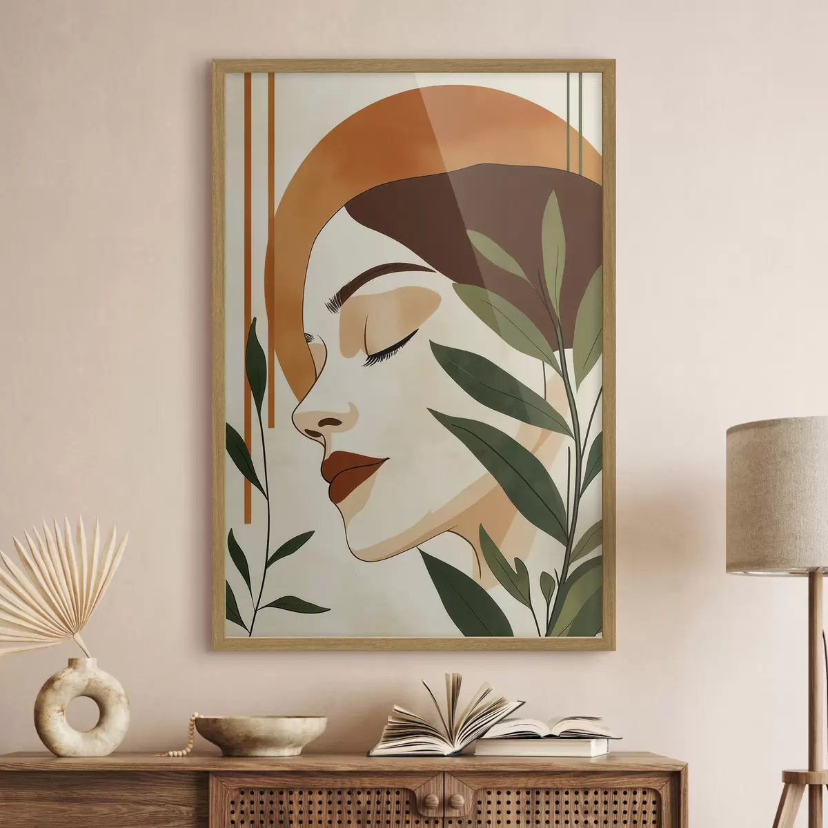 Poster Une image abstraite représentant une jeune fille entourée de feuilles f51053