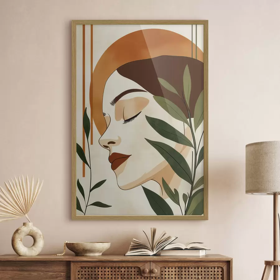 Papier peint Une image abstraite représentant une jeune fille entourée de feuilles f51053
