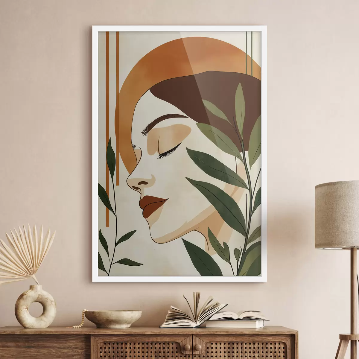 Poster Une image abstraite représentant une jeune fille entourée de feuilles f51053