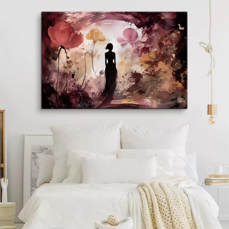 Tableau Silhouette d'une femme dans un jardin fleuri digne d'un conte de fées s51081