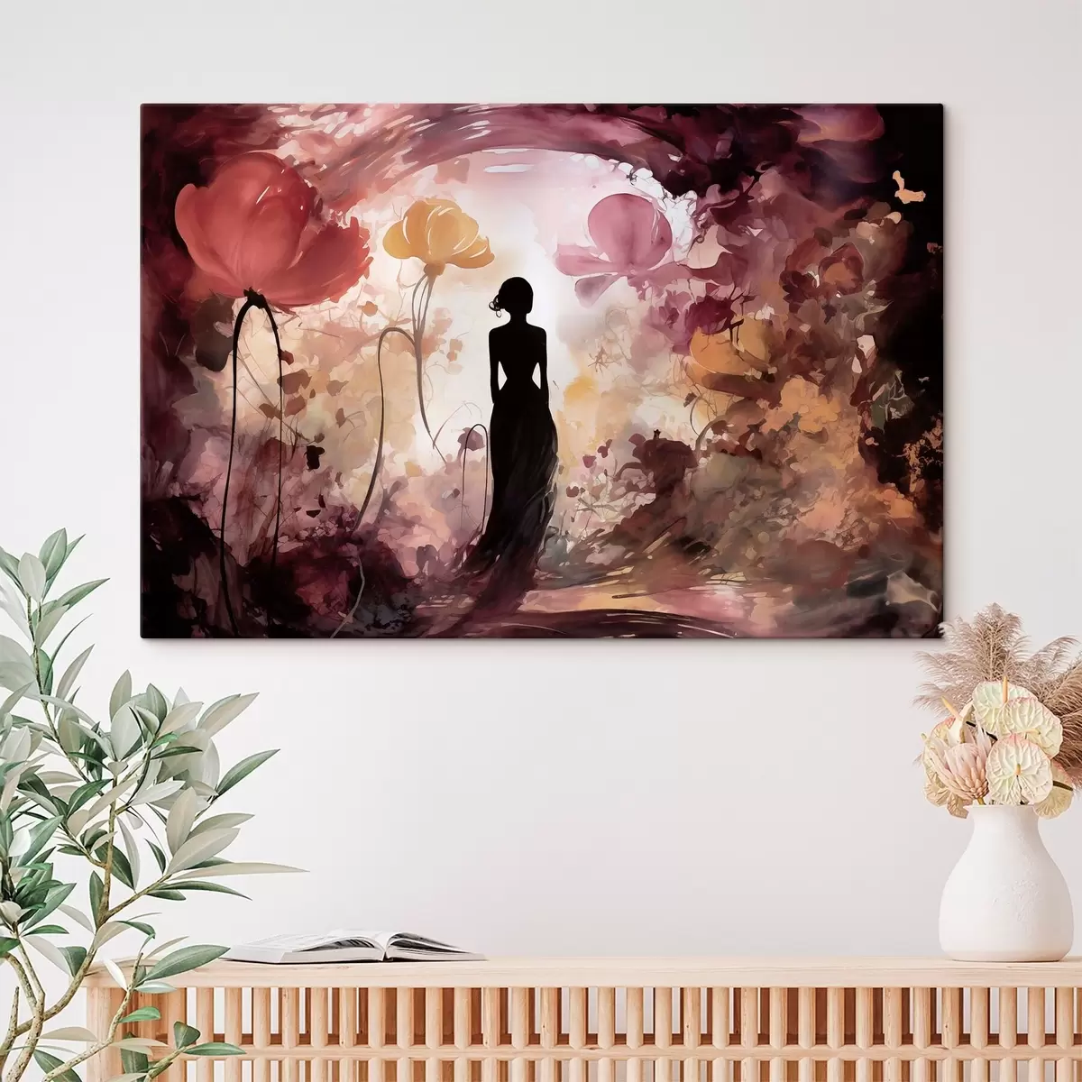Tableau Silhouette d'une femme dans un jardin fleuri digne d'un conte de fées s51081
