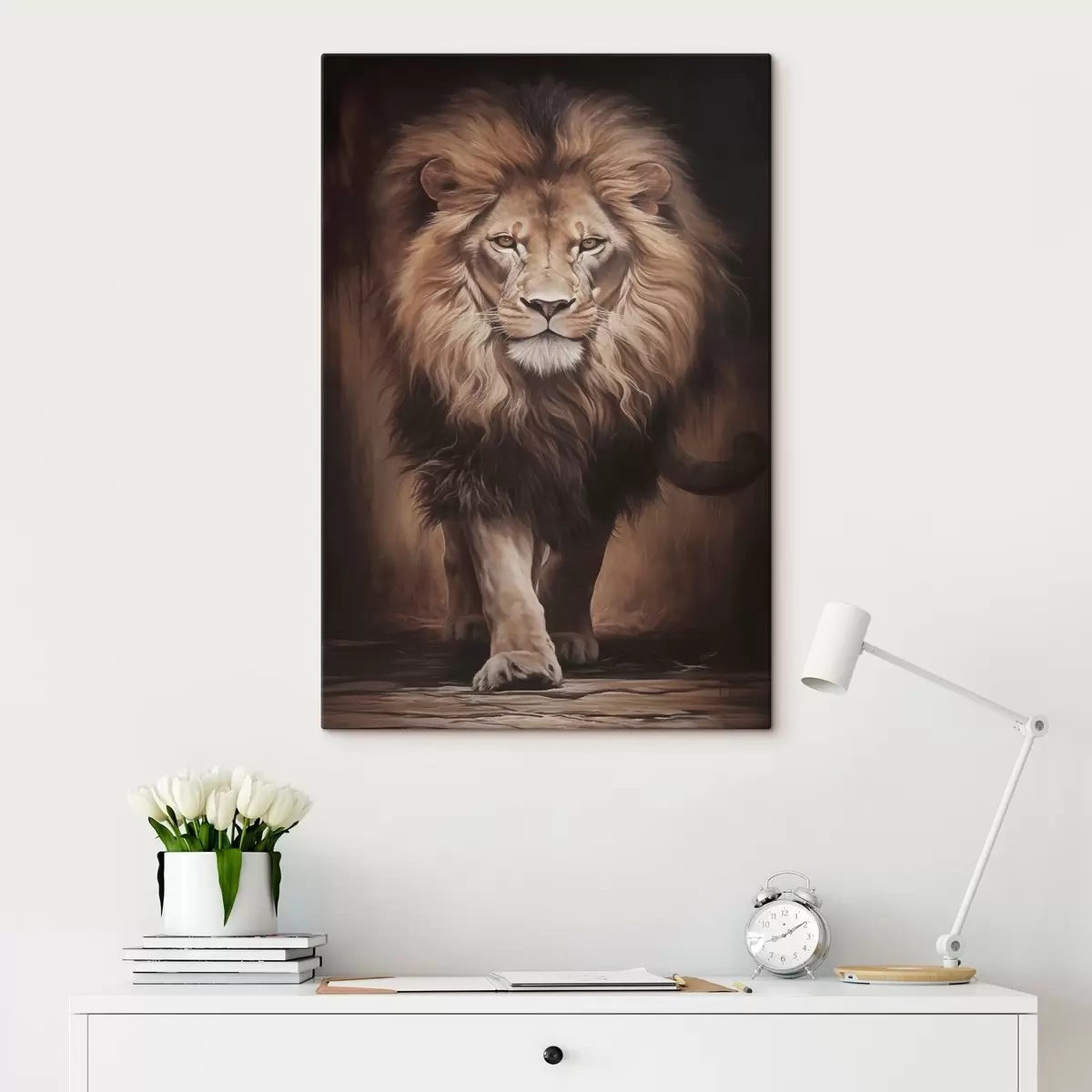 Tableau Un lion majestueux dans un intérieur sombre s51087
