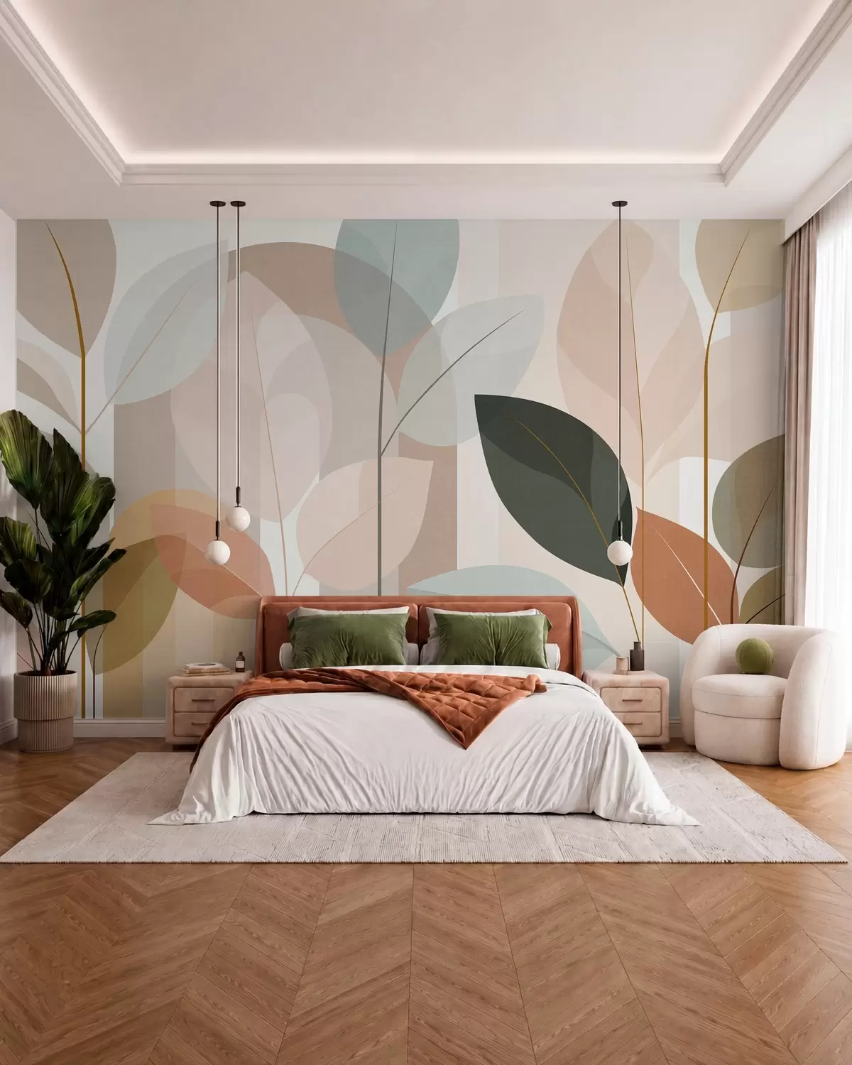Papier peint un motif abstrait représentant des feuilles, dans un style de tissage mat, dans des tons de beige, de terre cuite et de pêche w05986