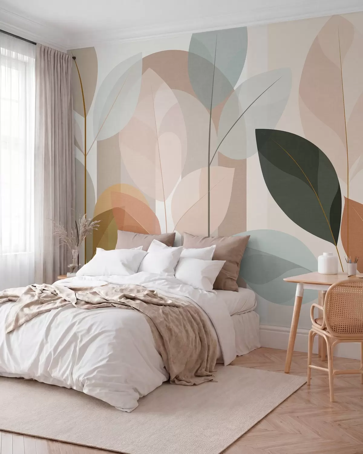 Papier peint un motif abstrait représentant des feuilles, dans un style de tissage mat, dans des tons de beige, de terre cuite et de pêche w05986