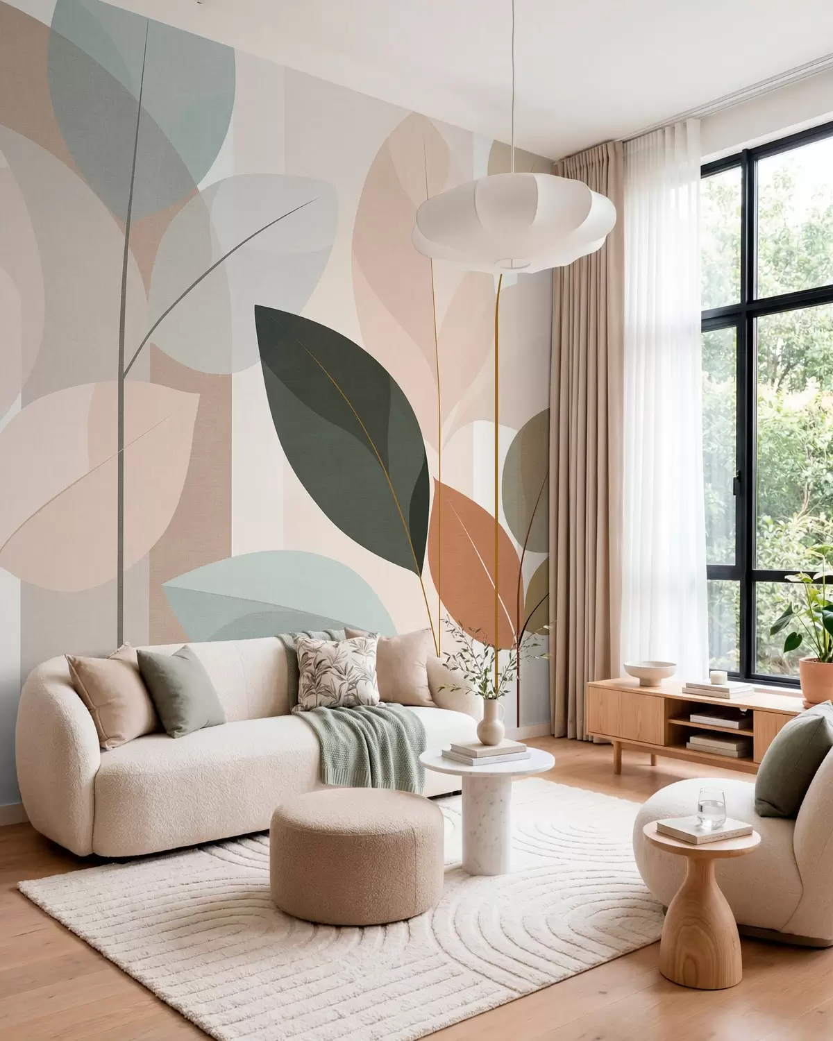 Papier peint un motif abstrait représentant des feuilles, dans un style de tissage mat, dans des tons de beige, de terre cuite et de pêche w05986