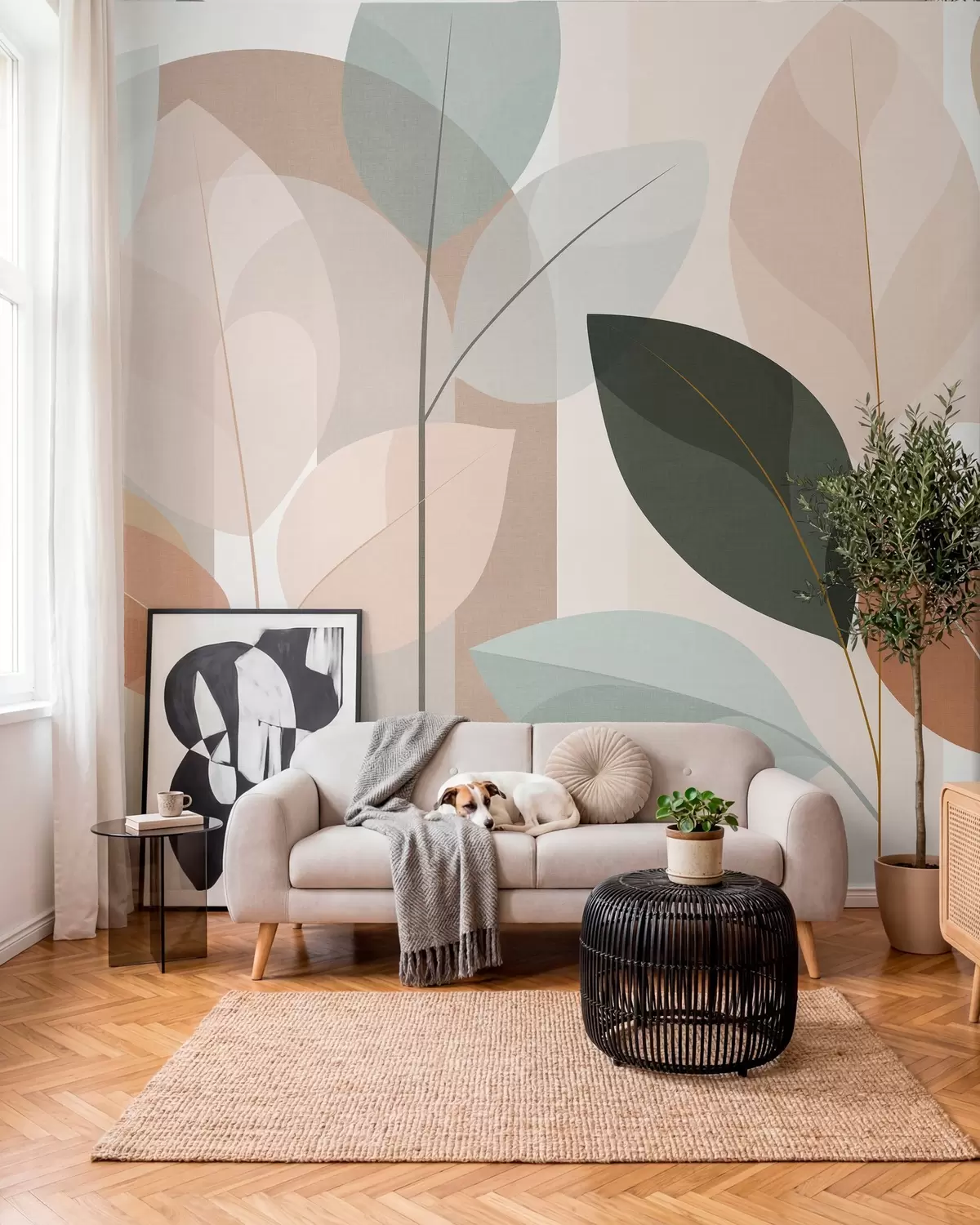 Papier peint un motif abstrait représentant des feuilles, dans un style de tissage mat, dans des tons de beige, de terre cuite et de pêche w05986