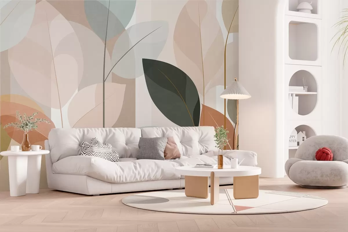 Papier peint un motif abstrait représentant des feuilles, dans un style de tissage mat, dans des tons de beige, de terre cuite et de pêche w05986