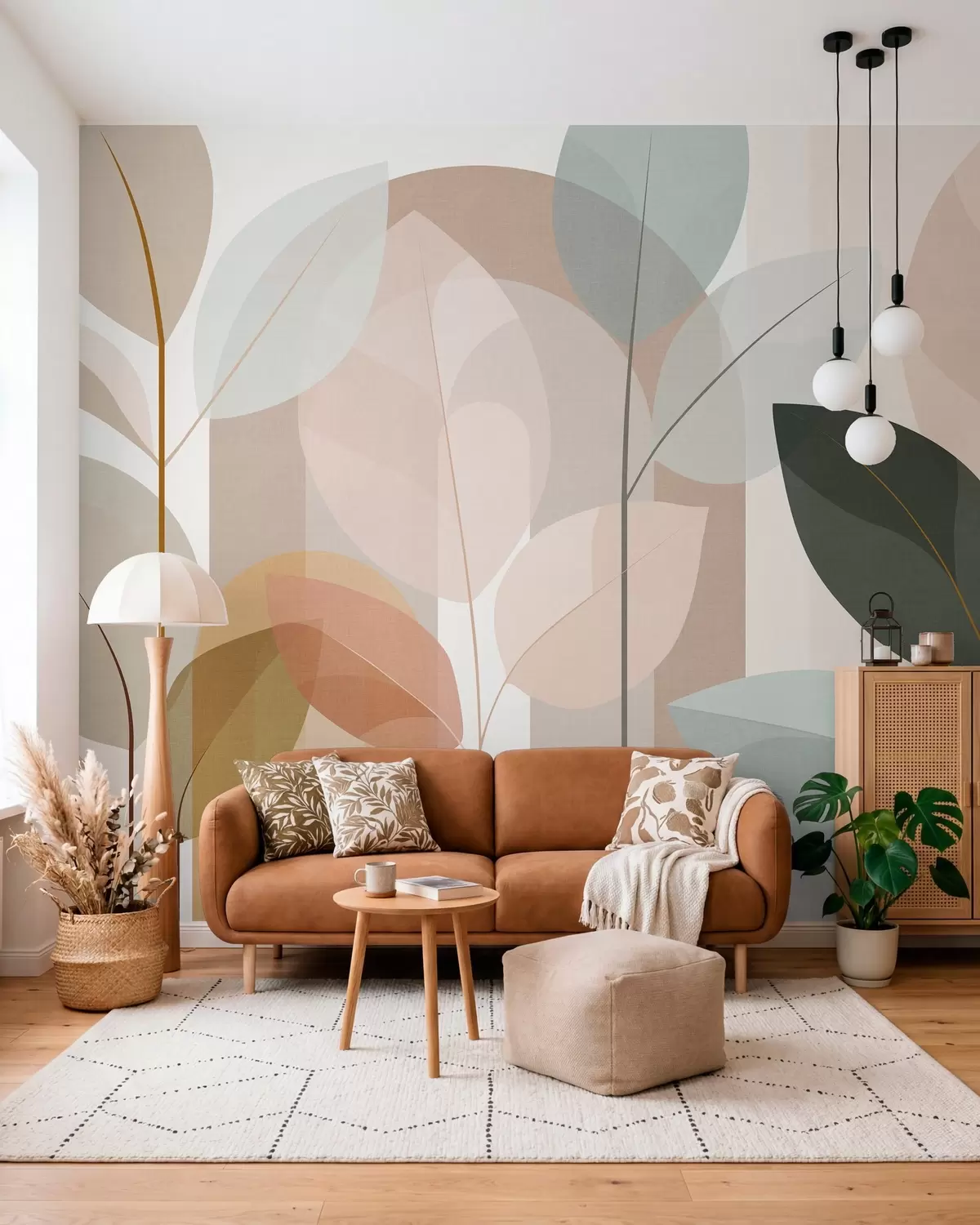 Papier peint un motif abstrait représentant des feuilles, dans un style de tissage mat, dans des tons de beige, de terre cuite et de pêche w05986
