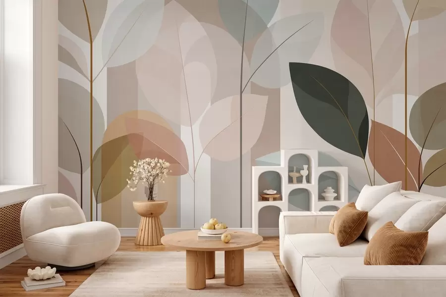 Papier peint un motif abstrait représentant des feuilles, dans un style de tissage mat, dans des tons de beige, de terre cuite et de pêche w05986