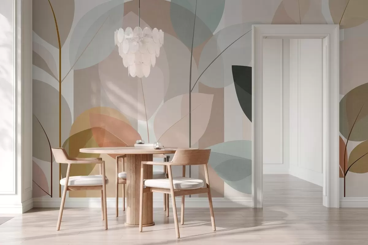 Papier peint un motif abstrait représentant des feuilles, dans un style de tissage mat, dans des tons de beige, de terre cuite et de pêche w05986