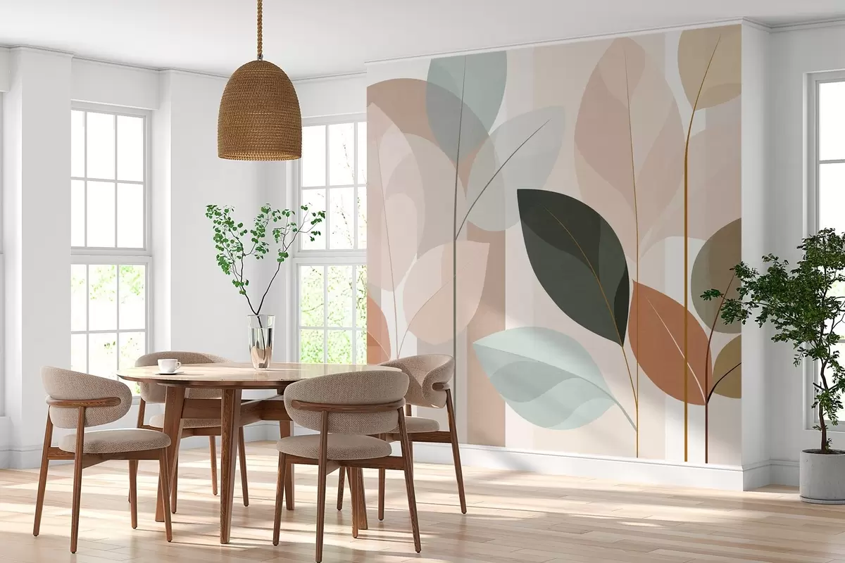Papier peint un motif abstrait représentant des feuilles, dans un style de tissage mat, dans des tons de beige, de terre cuite et de pêche w05986
