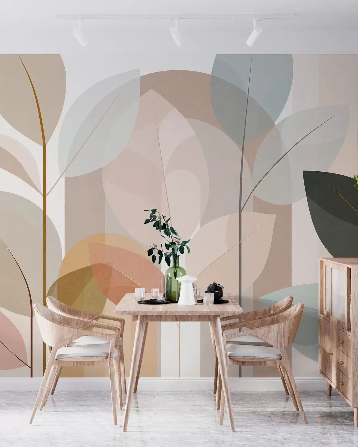 Papier peint un motif abstrait représentant des feuilles, dans un style de tissage mat, dans des tons de beige, de terre cuite et de pêche w05986
