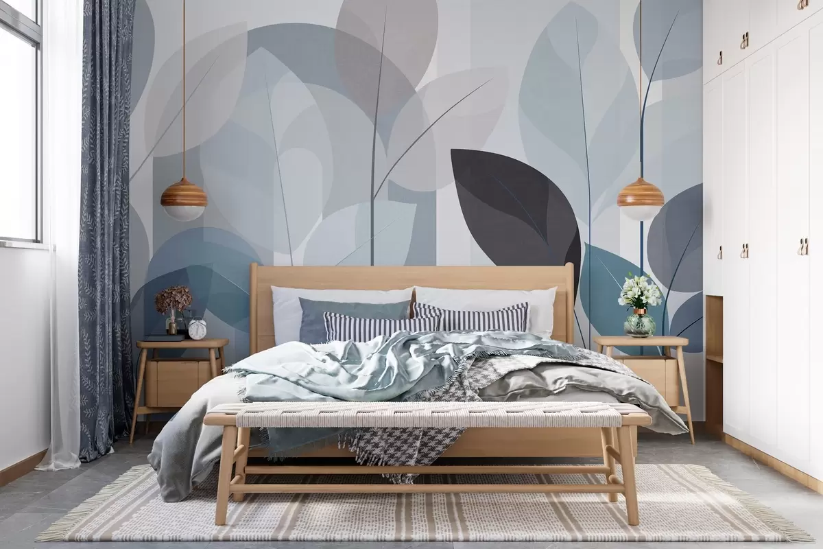 Papier peint un motif abstrait représentant des feuilles, dans un style de tissage mat, dans des nuances de bleu w05986v2