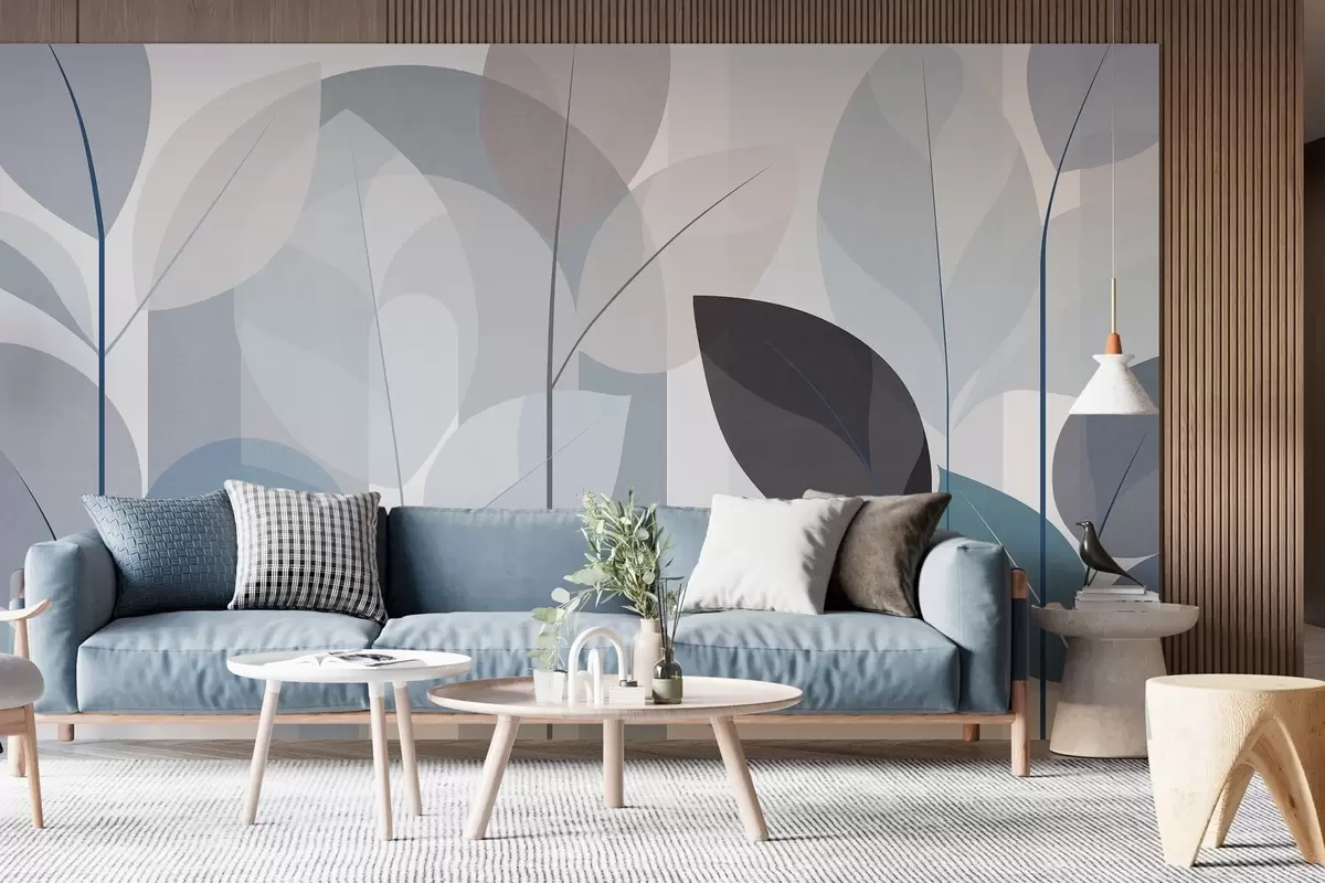 Papier peint un motif abstrait représentant des feuilles, dans un style de tissage mat, dans des nuances de bleu w05986v2