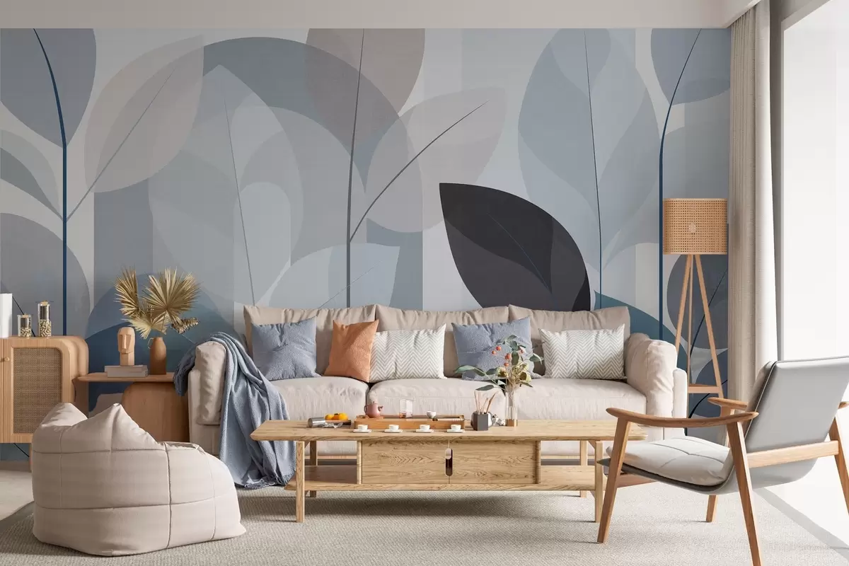 Papier peint un motif abstrait représentant des feuilles, dans un style de tissage mat, dans des nuances de bleu w05986v2