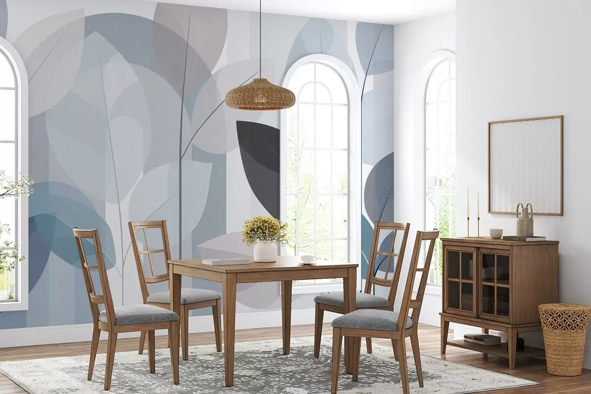 Papier peint un motif abstrait représentant des feuilles, dans un style de tissage mat, dans des nuances de bleu w05986v2