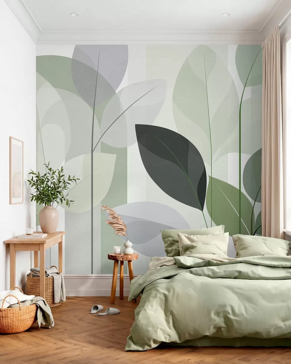 Papier peint un motif abstrait représentant des feuilles, dans un style de tissage mat, dans des nuances de vert w05986v1