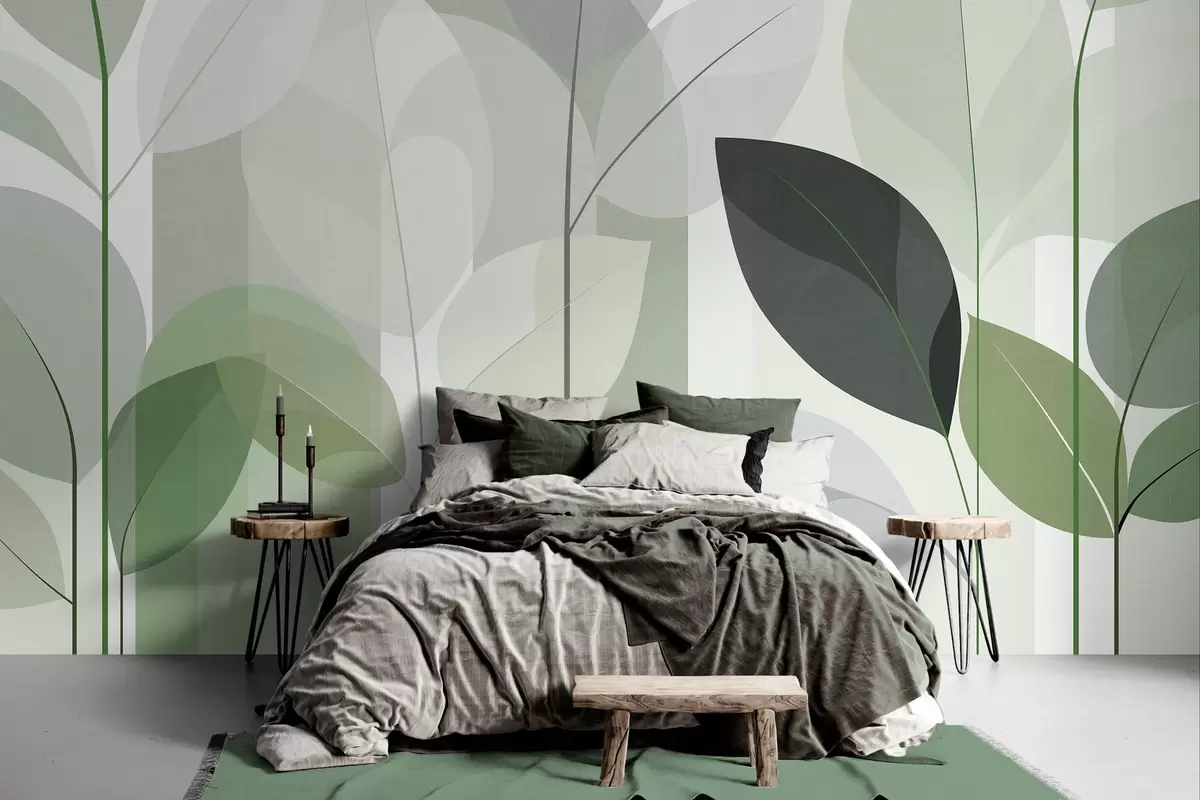 Papier peint un motif abstrait représentant des feuilles, dans un style de tissage mat, dans des nuances de vert w05986v1
