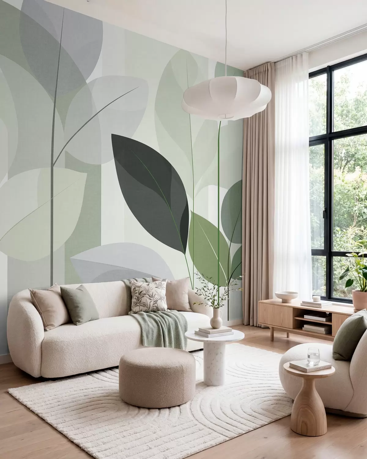 Papier peint un motif abstrait représentant des feuilles, dans un style de tissage mat, dans des nuances de vert w05986v1