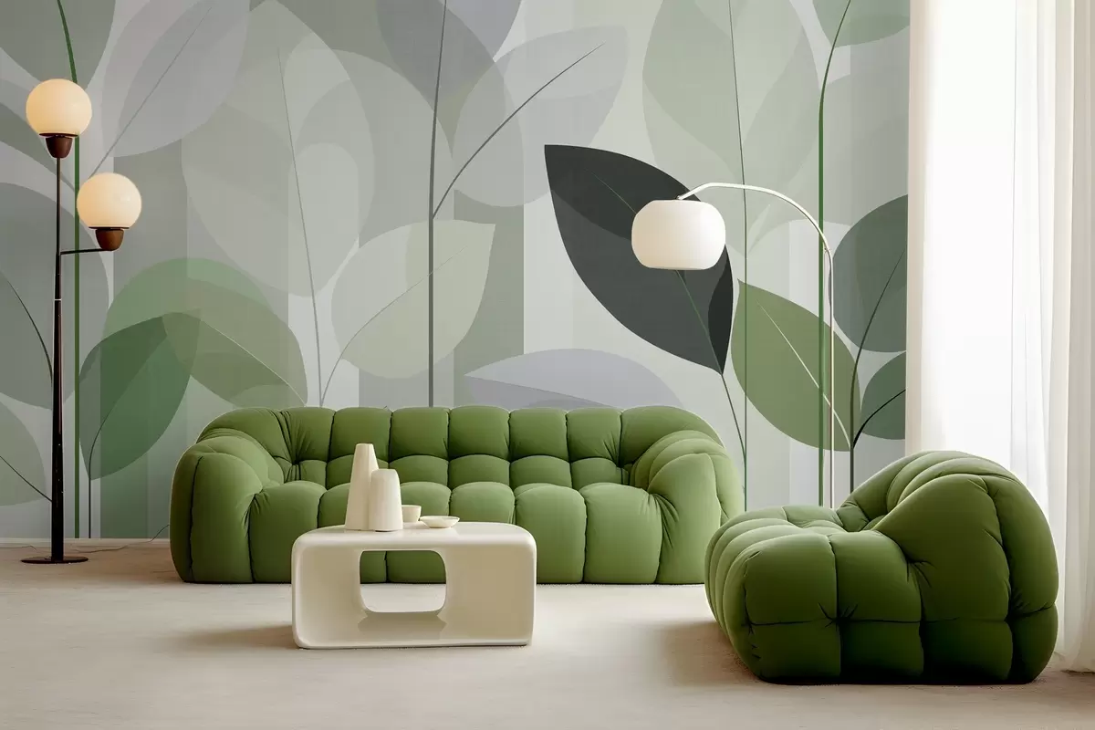 Papier peint un motif abstrait représentant des feuilles, dans un style de tissage mat, dans des nuances de vert w05986v1