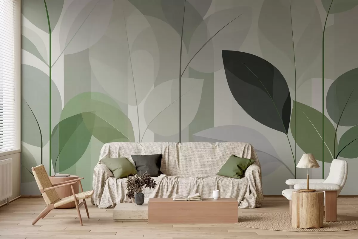 Papier peint un motif abstrait représentant des feuilles, dans un style de tissage mat, dans des nuances de vert w05986v1