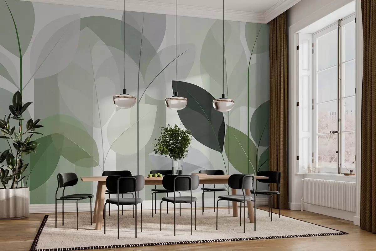 Papier peint un motif abstrait représentant des feuilles, dans un style de tissage mat, dans des nuances de vert w05986v1