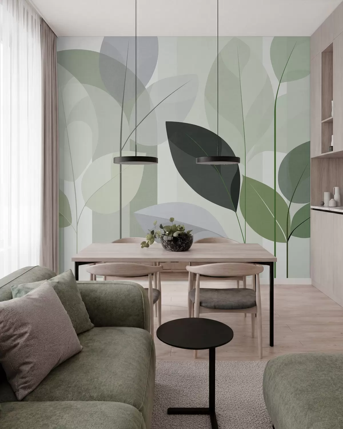 Papier peint un motif abstrait représentant des feuilles, dans un style de tissage mat, dans des nuances de vert w05986v1