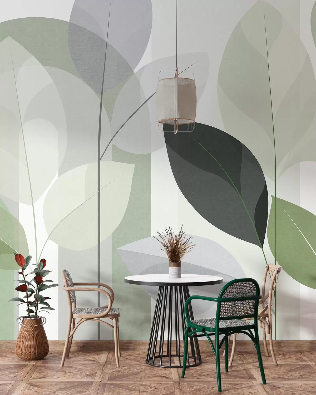 Papier peint un motif abstrait représentant des feuilles, dans un style de tissage mat, dans des nuances de vert w05986v1
