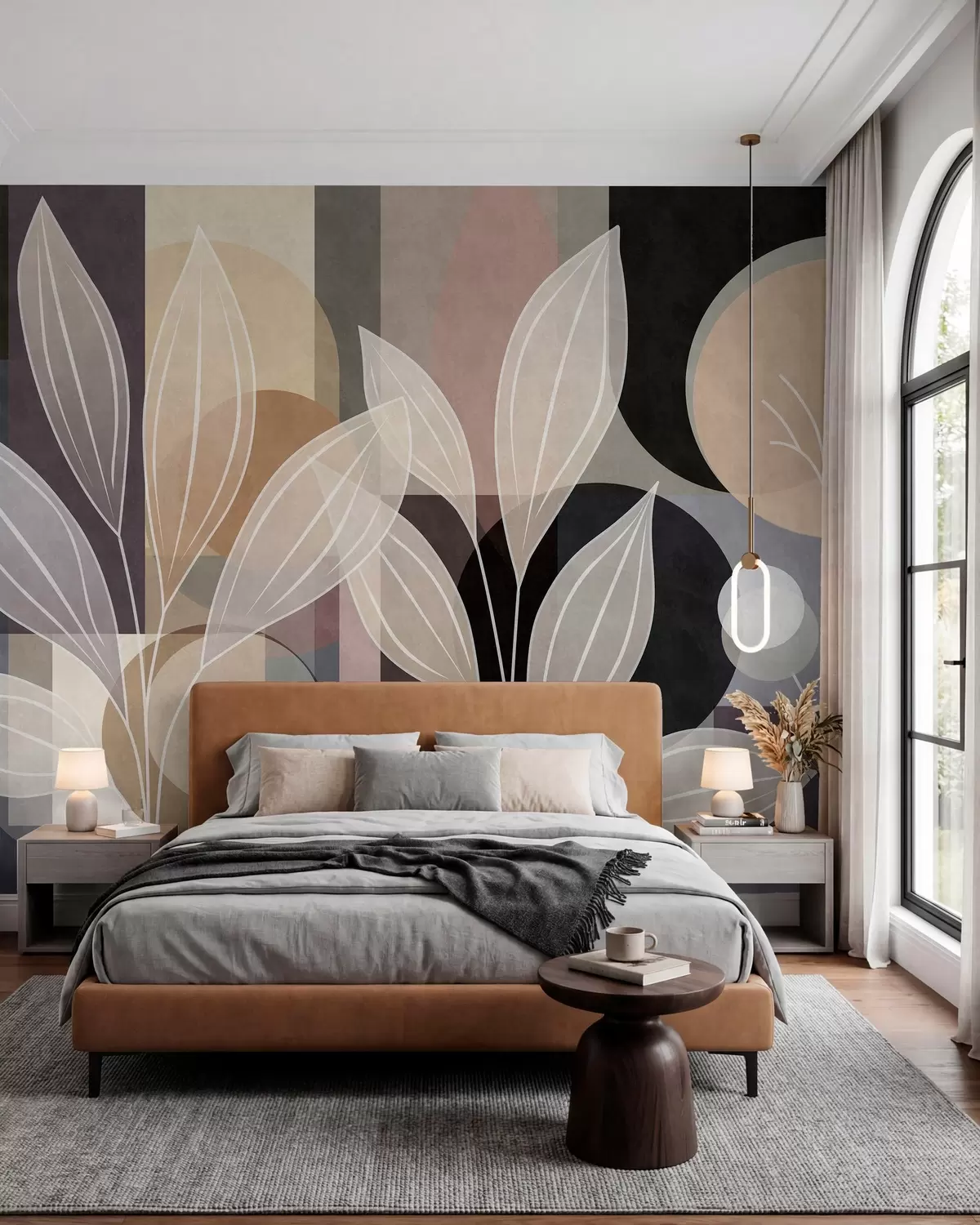 Papier peint des feuilles stylisées sur un fond géométrique, dans des tons de beige et des couleurs sombres w05987