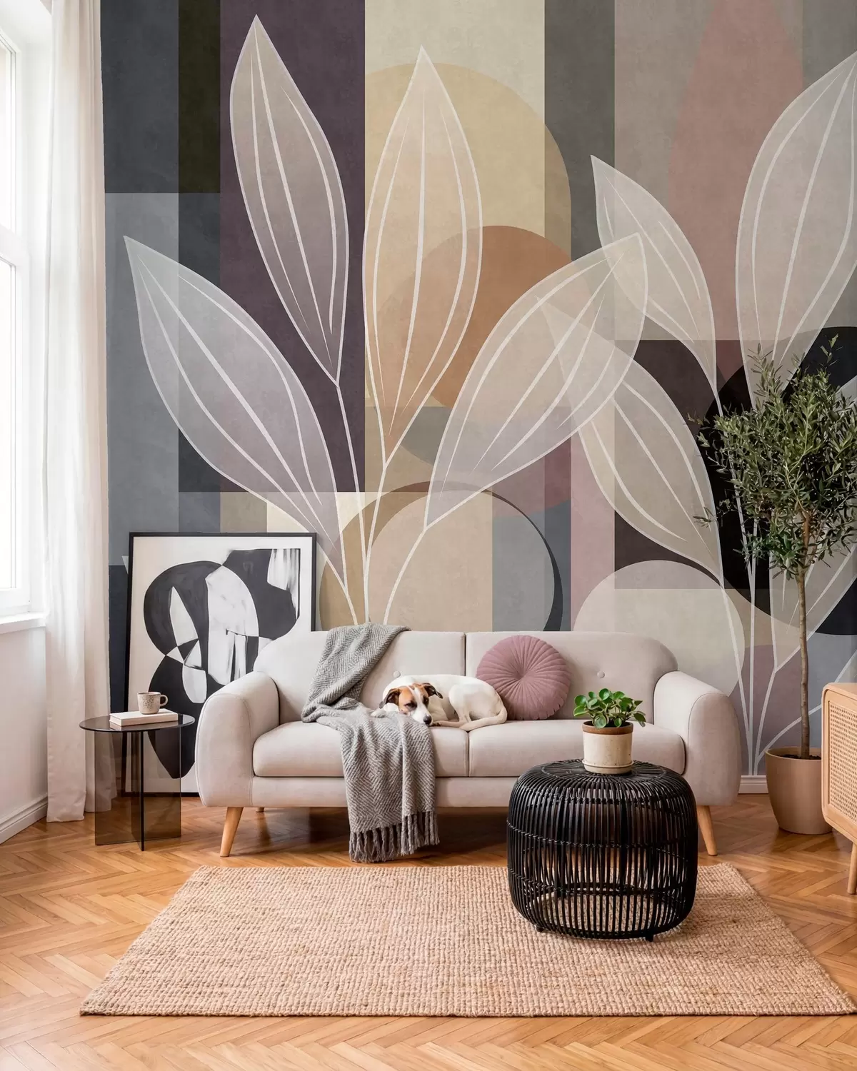 Papier peint des feuilles stylisées sur un fond géométrique, dans des tons de beige et des couleurs sombres w05987