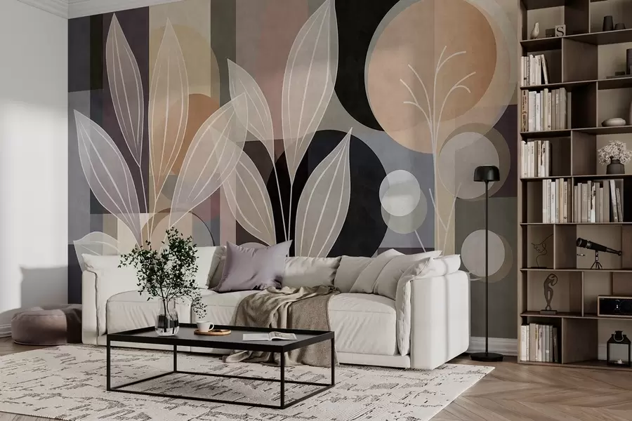 Papier peint des feuilles stylisées sur un fond géométrique, dans des tons de beige et des couleurs sombres w05987