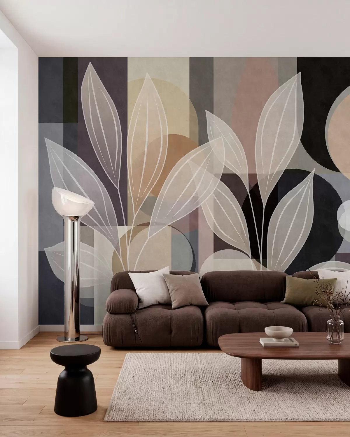 Papier peint des feuilles stylisées sur un fond géométrique, dans des tons de beige et des couleurs sombres w05987