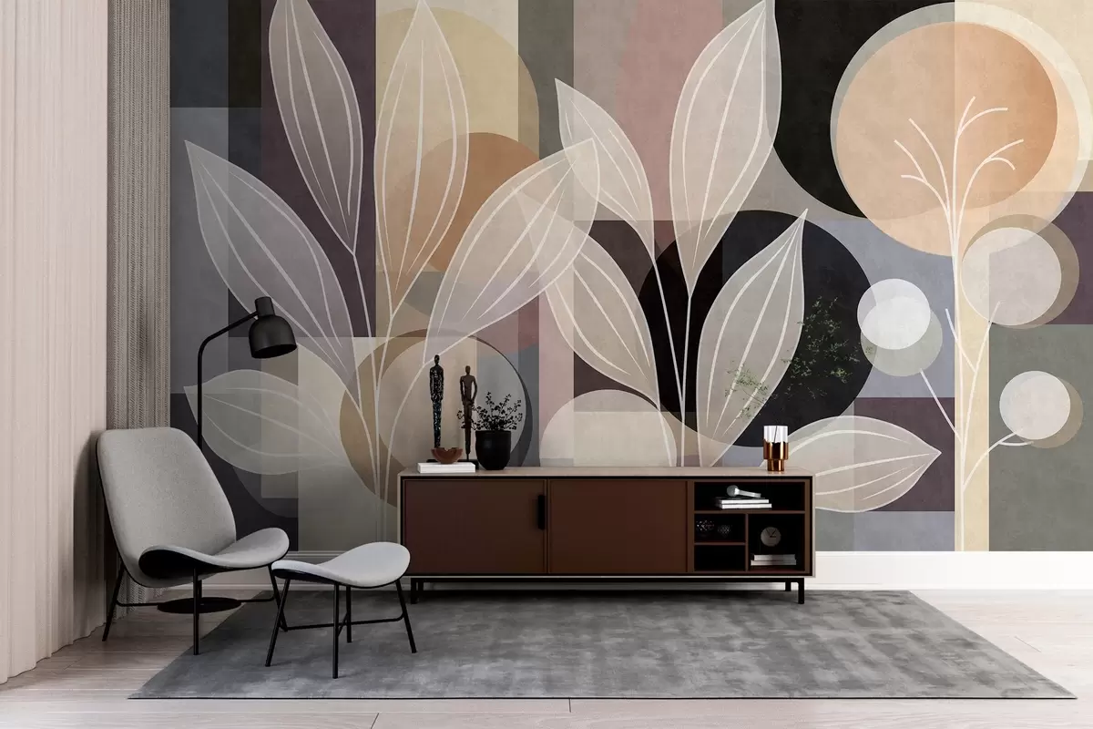 Papier peint des feuilles stylisées sur un fond géométrique, dans des tons de beige et des couleurs sombres w05987