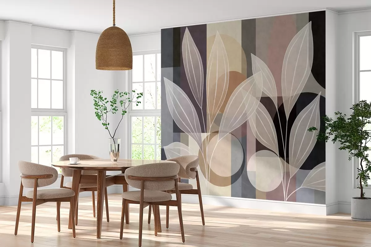 Papier peint des feuilles stylisées sur un fond géométrique, dans des tons de beige et des couleurs sombres w05987