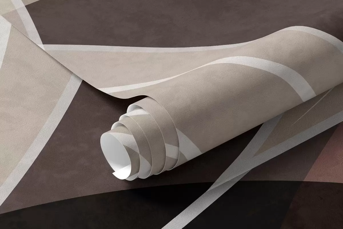 Papier peint des feuilles stylisées sur un fond géométrique, dans des tons de beige et des couleurs sombres w05987