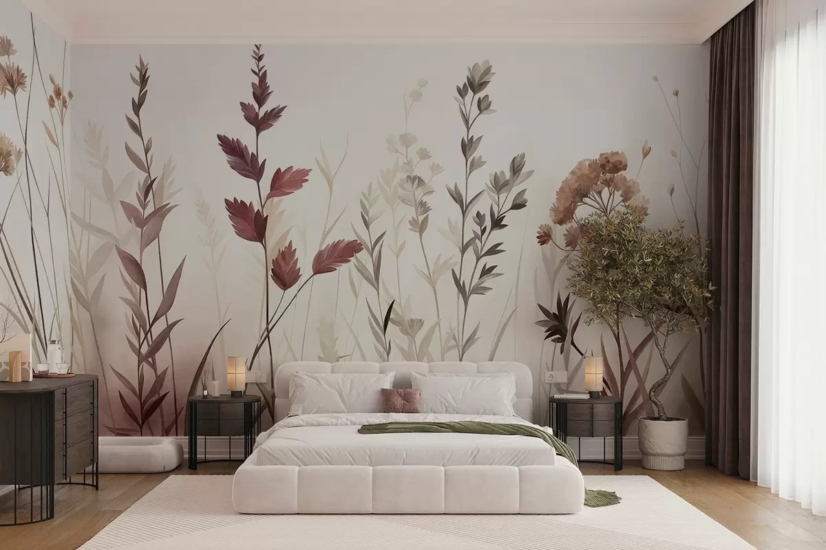 Papier peint De hautes herbes sauvages et des fleurs sauvages aux teintes terreuses discrètes, dans un style minimaliste w10084
