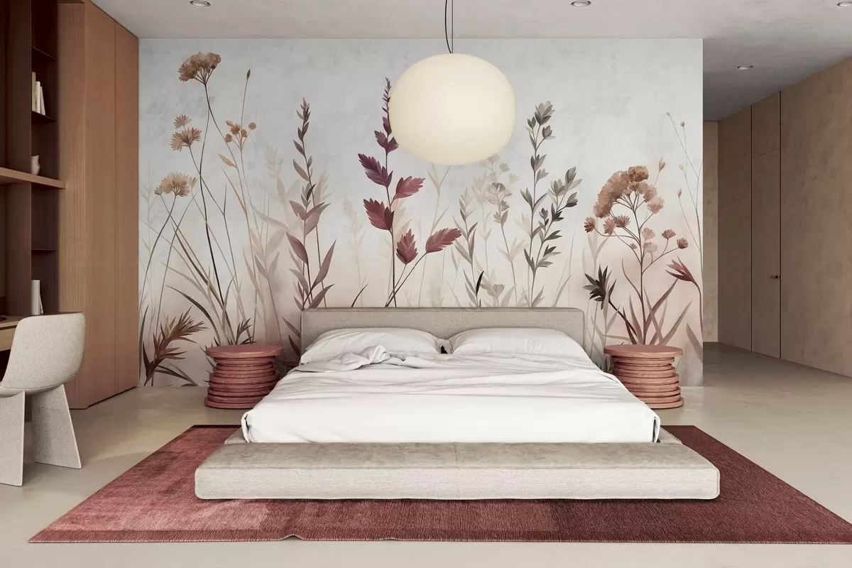 Papier peint De hautes herbes sauvages et des fleurs sauvages aux teintes terreuses discrètes, dans un style minimaliste w10084