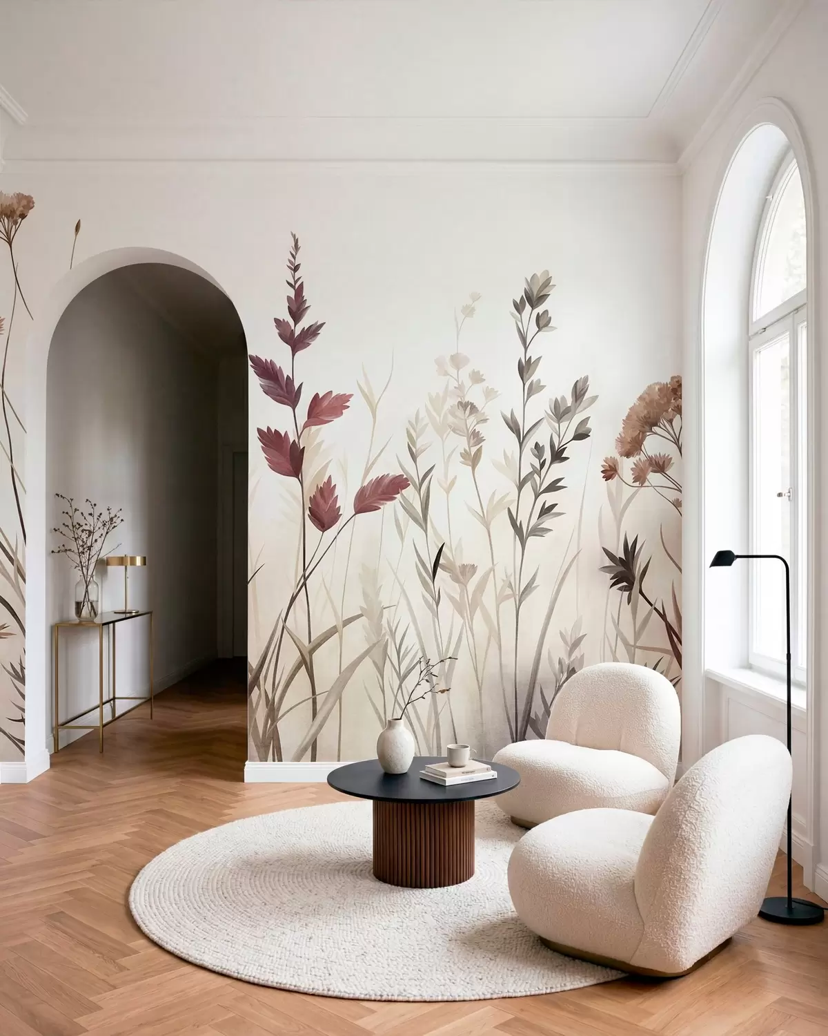 Papier peint De hautes herbes sauvages et des fleurs sauvages aux teintes terreuses discrètes, dans un style minimaliste w10084
