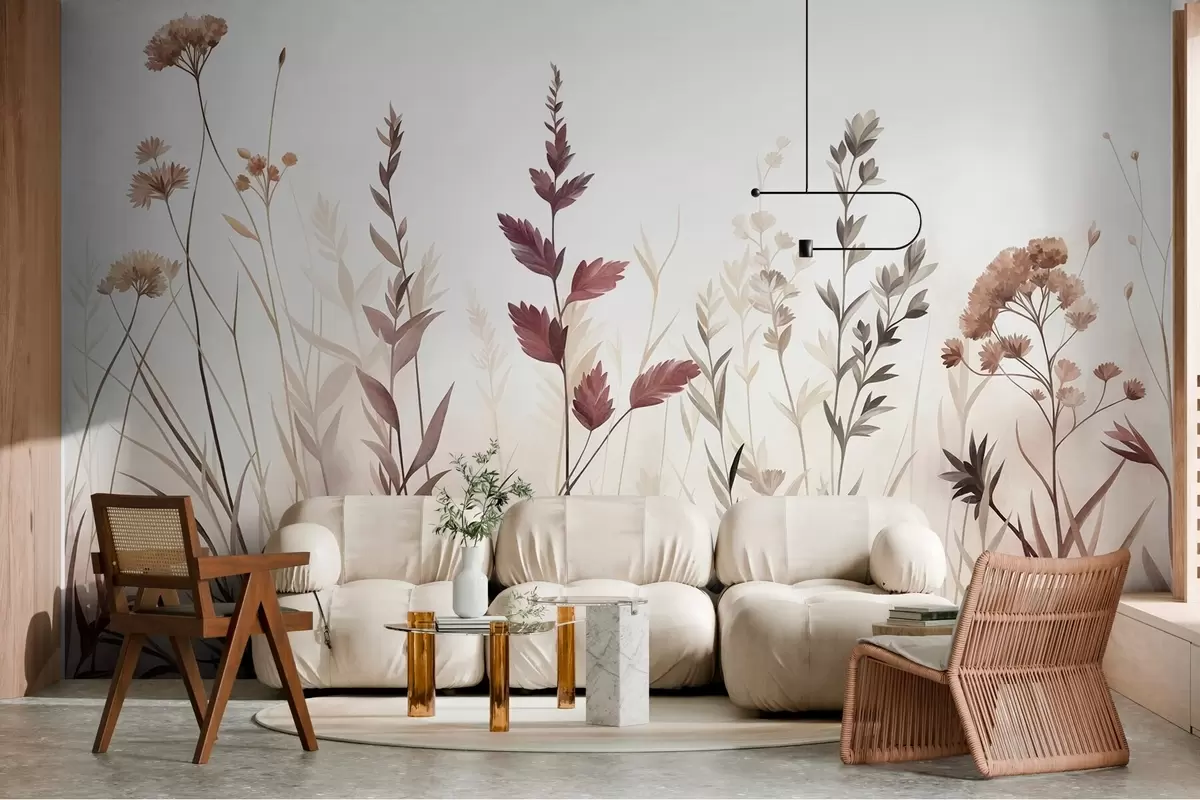 Papier peint De hautes herbes sauvages et des fleurs sauvages aux teintes terreuses discrètes, dans un style minimaliste w10084