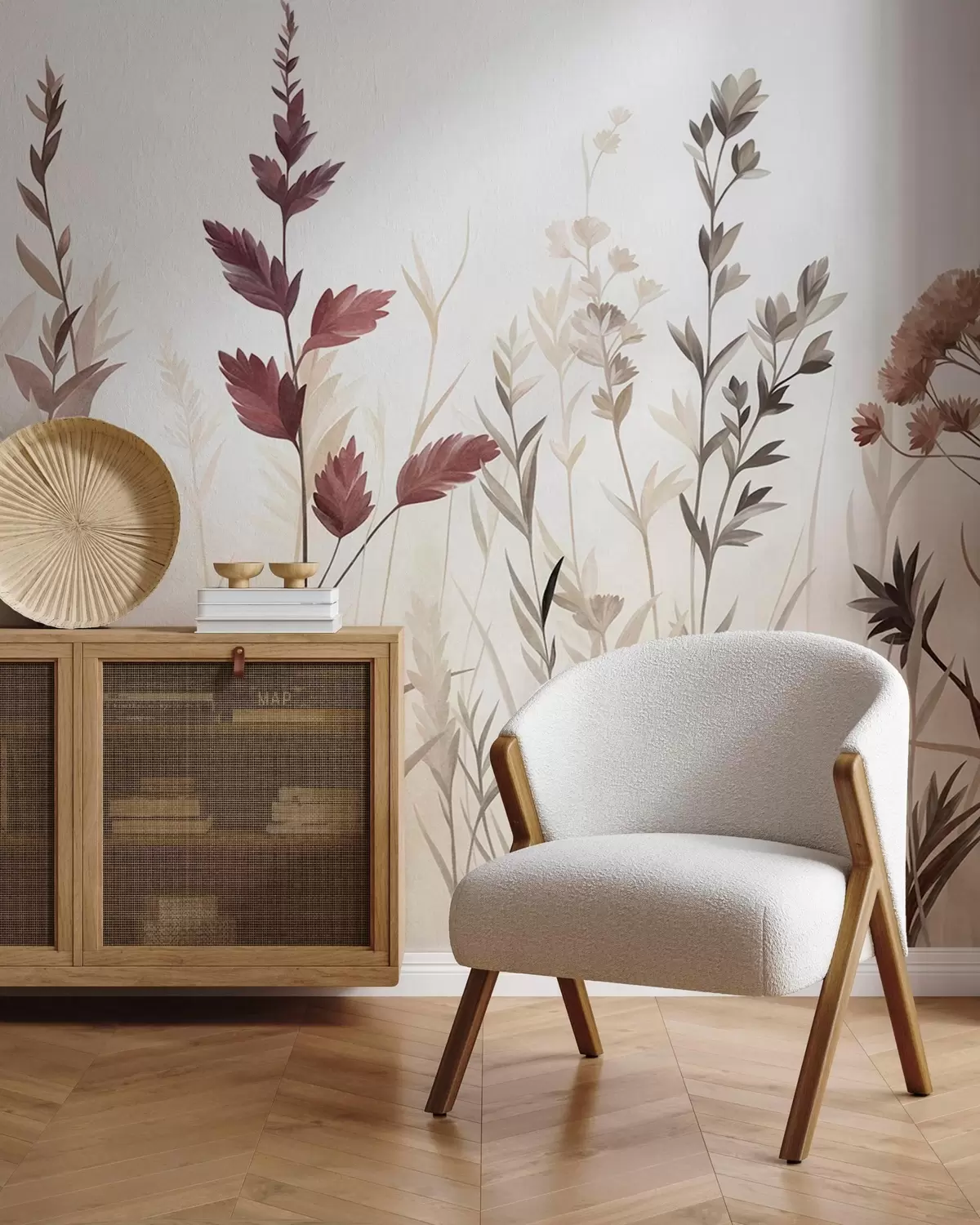 Papier peint De hautes herbes sauvages et des fleurs sauvages aux teintes terreuses discrètes, dans un style minimaliste w10084