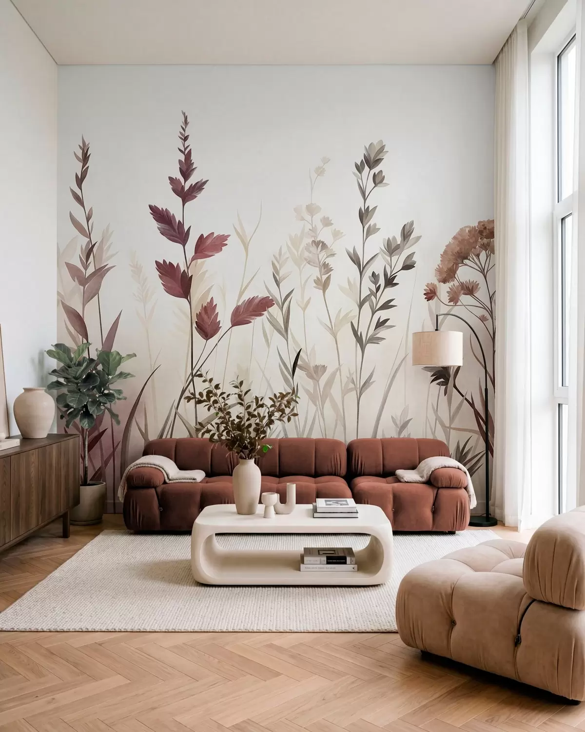 Papier peint De hautes herbes sauvages et des fleurs sauvages aux teintes terreuses discrètes, dans un style minimaliste w10084