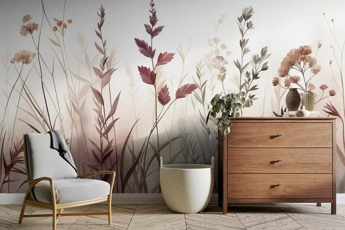 Papier peint De hautes herbes sauvages et des fleurs sauvages aux teintes terreuses discrètes, dans un style minimaliste w10084