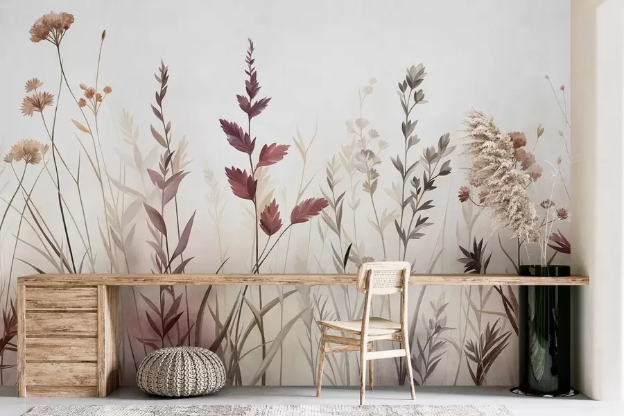 Papier peint De hautes herbes sauvages et des fleurs sauvages aux teintes terreuses discrètes, dans un style minimaliste w10084
