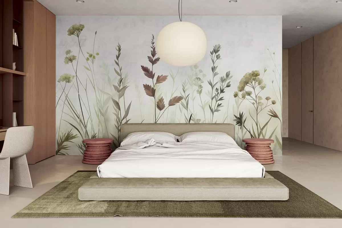 Papier peint De hautes herbes sauvages et des fleurs sauvages aux nuances de vert discrètes, dans un style minimaliste w10084v1