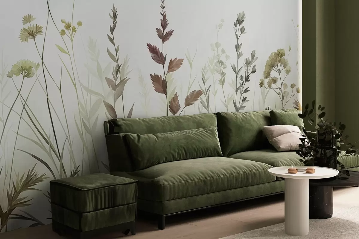 Papier peint De hautes herbes sauvages et des fleurs sauvages aux nuances de vert discrètes, dans un style minimaliste w10084v1