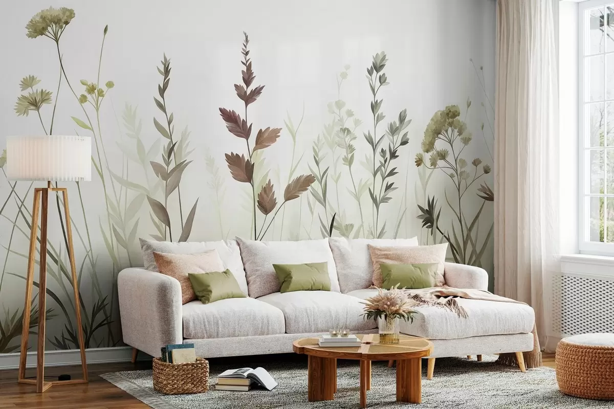 Papier peint De hautes herbes sauvages et des fleurs sauvages aux nuances de vert discrètes, dans un style minimaliste w10084v1