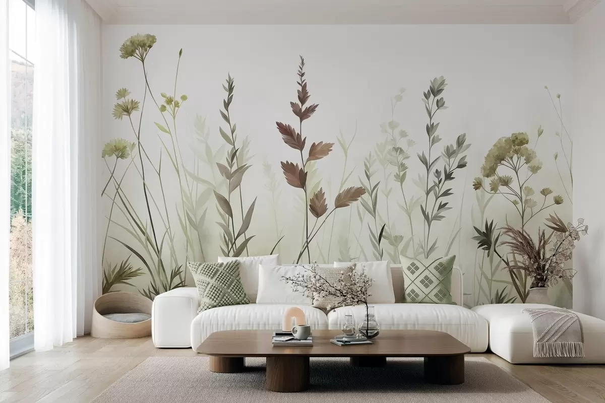Papier peint De hautes herbes sauvages et des fleurs sauvages aux nuances de vert discrètes, dans un style minimaliste w10084v1