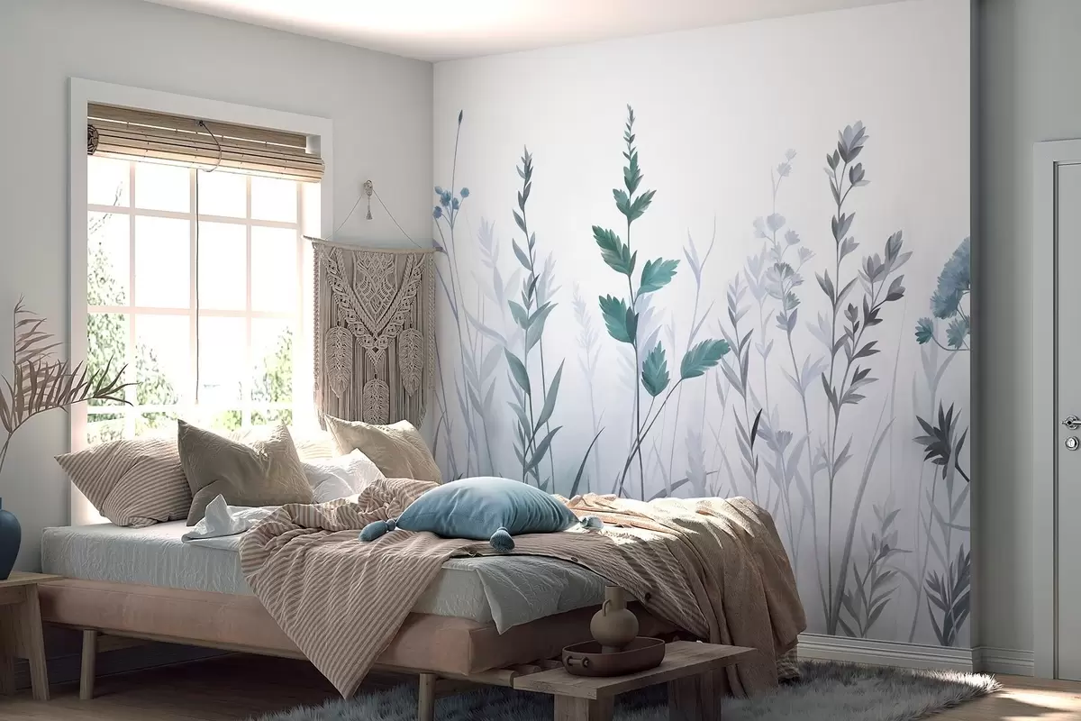 Papier peint De hautes herbes sauvages et des fleurs des champs aux nuances de bleu discrètes, dans un style minimaliste w10084v2