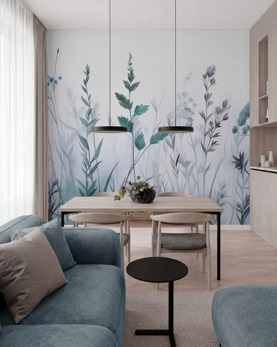 Papier peint De hautes herbes sauvages et des fleurs des champs aux nuances de bleu discrètes, dans un style minimaliste w10084v2