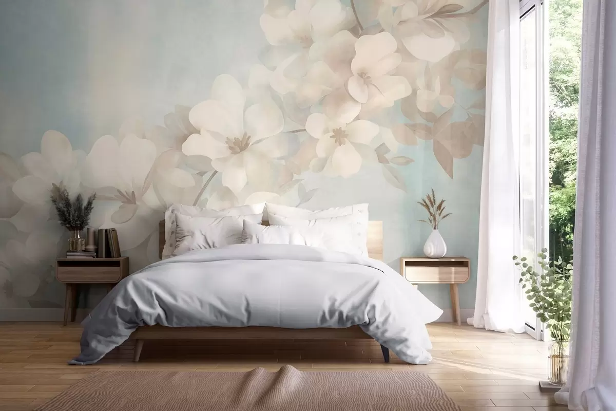 Papier peint Des fleurs blanches sur une branche, des couleurs pastel douces, un fond texturé bleu clair w10107